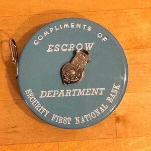 Vtg. Escrow Dept. of Security First National Bank Tape Measure 50ft in case
